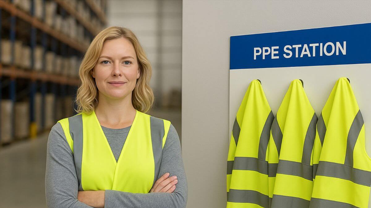 Warehouse worker standing next to a PPE station with high-visibility vests, representing safety and organization in a 5S environment