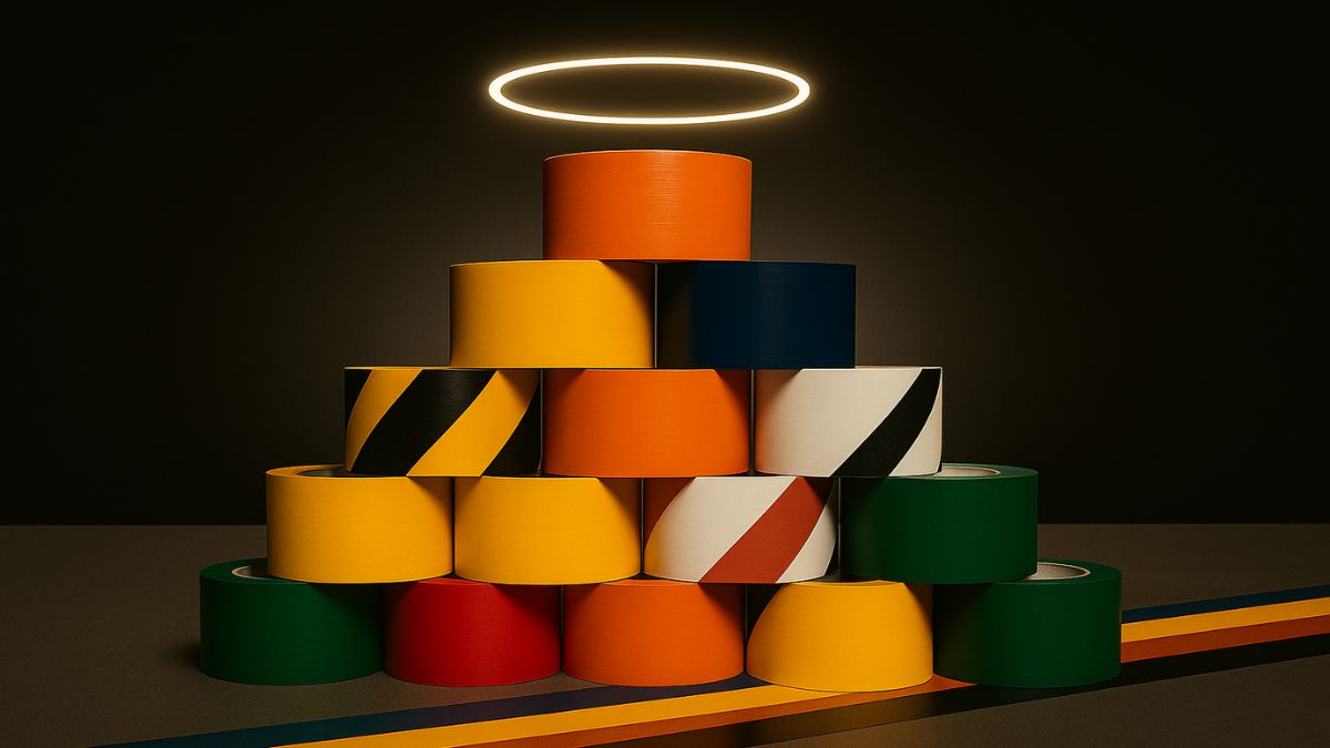 Stack of colorful floor marking tapes in a pyramid shape with a glowing halo above, representing 5S and Lean warehouse organization and safety.