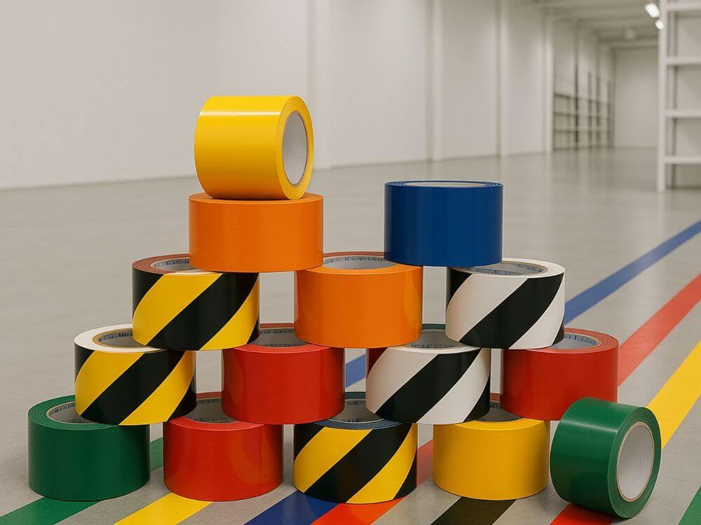 Various colors and patterns of industrial floor marking tape stacked in a warehouse, used for 5S color coding and safety organization