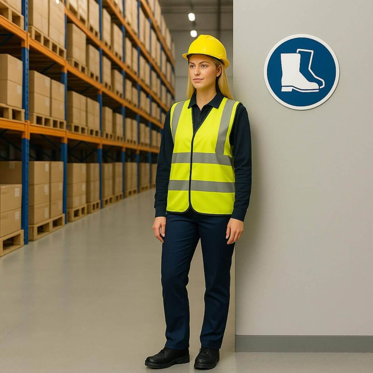 Warehouse worker in high-visibility clothing standing next to a wall-mounted safety sign at standard eye height, surrounded by shelves and boxes